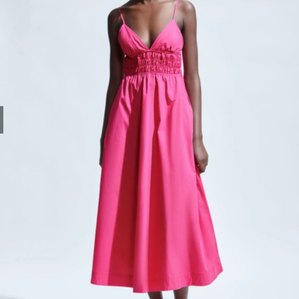 Zara, Voluminous Poplin Dress, Dark Fuchsia. Size XS